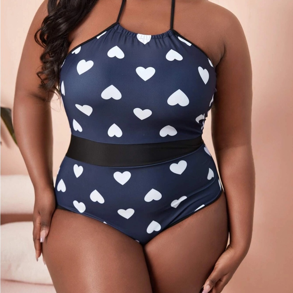Shein Plus Size 0XL Black White Heart Halter One Piece Swimsuit